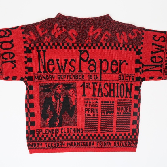 Vintage 80s Via l.A. Newspaper AOP Red Sweater - Picture 2 of 9